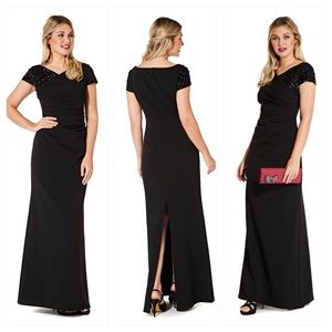 Adrianna Papell Draped Gown with Sequin Sleeve